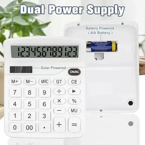 HUTUDD Desktop Calculator - White Big Button 12-Digit LCD Display, Solar & AA Battery Powered, Desk Calculator for Office, Home, School & Business - 2