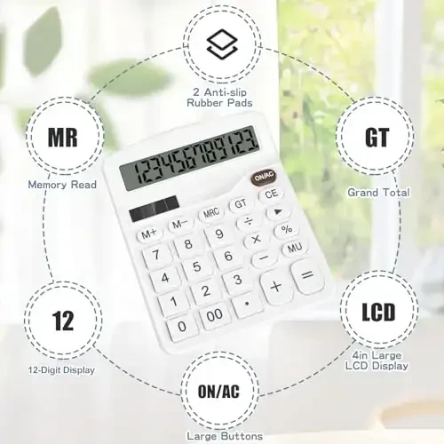 HUTUDD Desktop Calculator - White Big Button 12-Digit LCD Display, Solar & AA Battery Powered, Desk Calculator for Office, Home, School & Business - 4