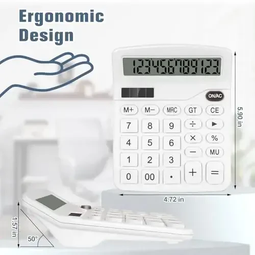 HUTUDD Desktop Calculator - White Big Button 12-Digit LCD Display, Solar & AA Battery Powered, Desk Calculator for Office, Home, School & Business - 6