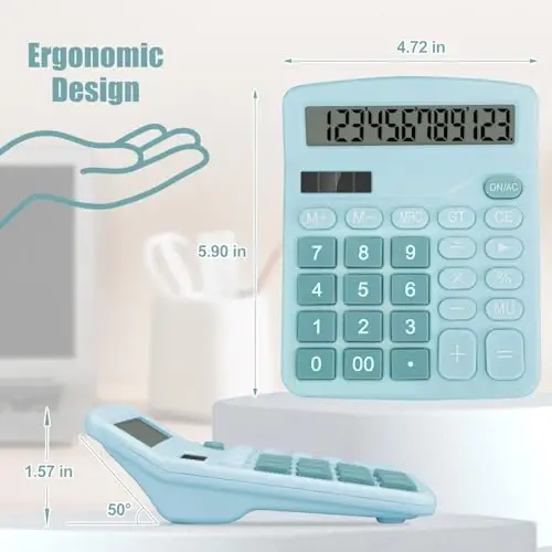 HUTUDD Desktop Calculator - White Big Button 12-Digit LCD Display, Solar & AA Battery Powered, Desk Calculator for Office, Home, School & Business - 6