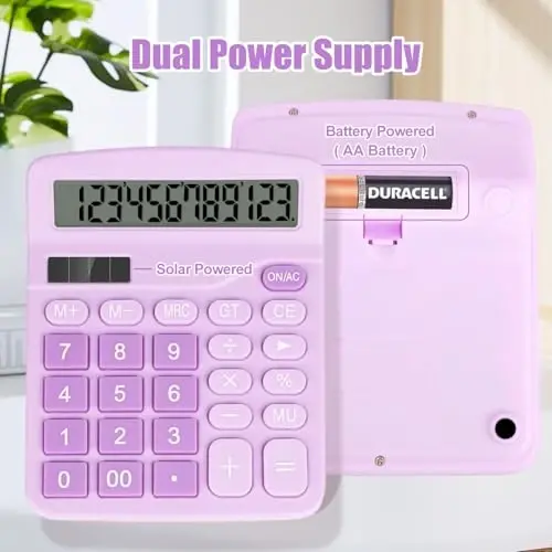 HUTUDD Desktop Calculator, Purple Calculator Big Buttons, 12-Digits Large LCD Display, Solar and AA Battery Dual Power, Desk Calculators for Office Home School Business Class (Purple) - 2