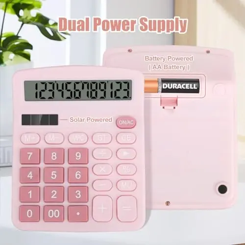 HUTUDD Desktop Calculator, Pink Calculator Big Buttons, 12-Digits Large LCD Display, Solar and AA Battery Dual Power, Desk Calculators for Office Home School Business Class (Pink) - 2