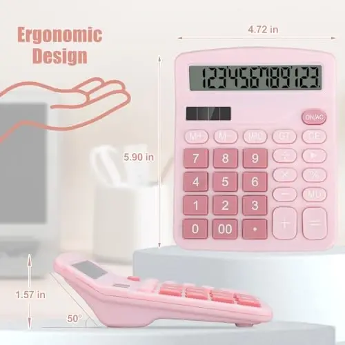 HUTUDD Desktop Calculator, Pink Calculator Big Buttons, 12-Digits Large LCD Display, Solar and AA Battery Dual Power, Desk Calculators for Office Home School Business Class (Pink) - 6