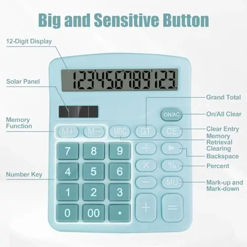 HUTUDD Desktop Calculator, Light Blue Calculator Big Buttons, 12-Digits Large LCD Display, Solar and AA Battery Dual Power, Desk Calculators for Office Home School Business Class (Light Blue) - 5
