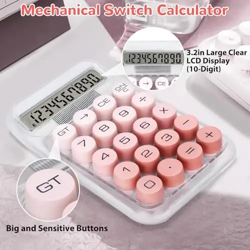 HUTUDD Cute Calculator, Mechanical Switch Calculator, Calculators Desktop 10 Digits, Desk Calculators with Big Buttons and LCD Display, Battery Power,Ideal for School Home Office Basic(Pink) - 4