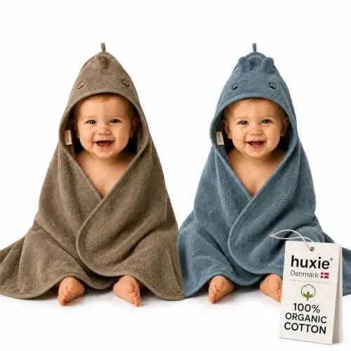 Huxie Hooded Baby Towels – 100% Organic Cotton Baby Bath Towels – Baby Boy Newborn Essentials - Super-Soft and Absorbent. (2-Pack Dino Tradewins and Moss Green) 