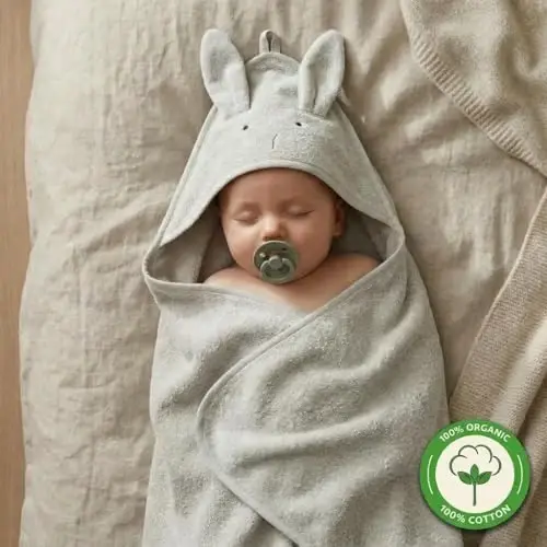 Huxie Hooded Baby Towel – 100% Organic Cotton Baby Bath Towels – Baby Boy and Girl Newborn Essentials - Super-Soft and Absorbent. (Rabbit - Pearl Grey) - 2