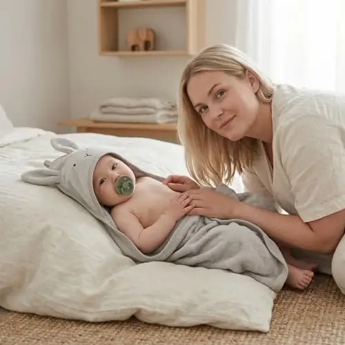 Huxie Hooded Baby Towel – 100% Organic Cotton Baby Bath Towels – Baby Boy and Girl Newborn Essentials - Super-Soft and Absorbent. (Rabbit - Pearl Grey) - 3