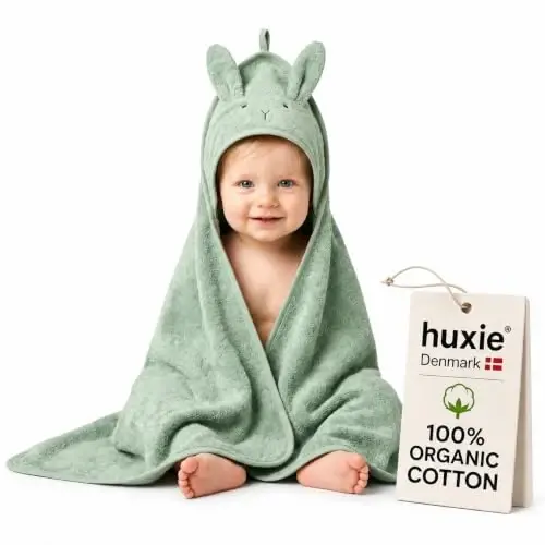 Huxie Hooded Baby Towel – 100% Organic Cotton Baby Bath Towels – Baby Boy Newborn Essentials - Super-Soft and Absorbent. (Rabbit - Roman Green) 