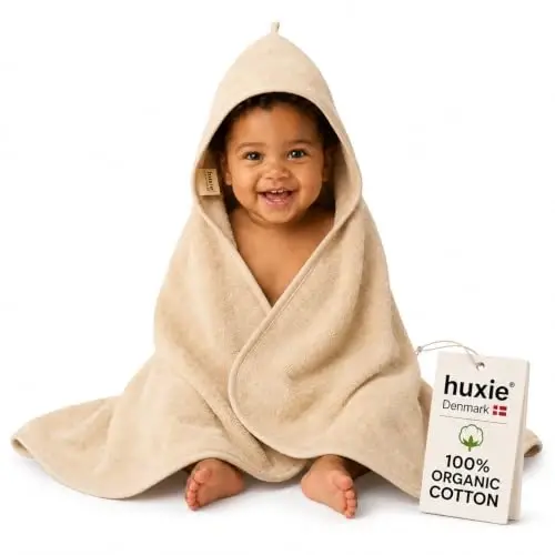 Huxie Hooded Baby Towels – 100% Organic Cotton Baby Bath Towels – Baby Boy and Girl Newborn Essentials - Super-Soft and Absorbent. (Fog) 