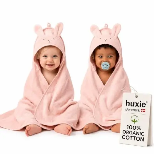 Huxie Hooded Baby Towels – 100% Organic Cotton Baby Bath Towels – Baby Girl Newborn Essentials - Super-Soft and Absorbent. (2-Pack Rabbit - Blush) - HUXIE