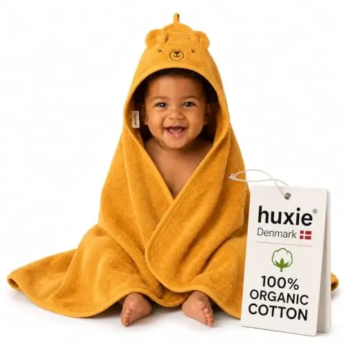Huxie Hooded Baby Towel – 100% Organic Cotton Baby Bath Towels – Baby Boy and Girl Newborn Essentials - Super-Soft and Absorbent. (Bear - Autumn Yellov) 