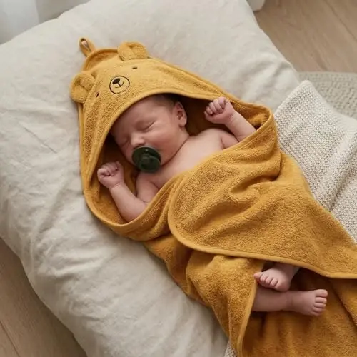 Huxie Hooded Baby Towel – 100% Organic Cotton Baby Bath Towels – Baby Boy and Girl Newborn Essentials - Super-Soft and Absorbent. (Bear - Autumn Yellov) - 3