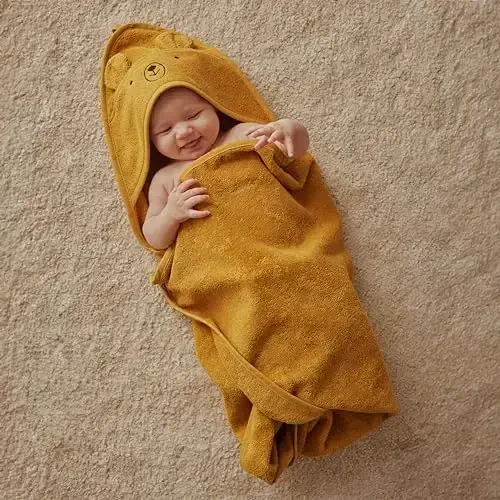 Huxie Daniya - Premium organik paxta chaqaloq hammom sochiqchasi – Kaputli chaqaloq va yurishga boshlagan bola sochiqchalari yangi tug'ilgan qiz va o'g'il bolalar uchun – Super yumshoq va suvni yaxshi singdiruvchi, 32 x 32 (Ayiq - Kuzgi sariq) - 4