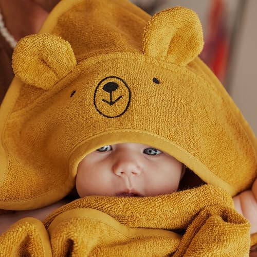 Huxie Denmark - Premium Organic Cotton Baby Bath Towel – Hooded Toddler and Baby Towels for Newborn Girl and Boy – Super Soft and Absorbent, 32 x 32 (Bear - Autumn Yellow) - 34