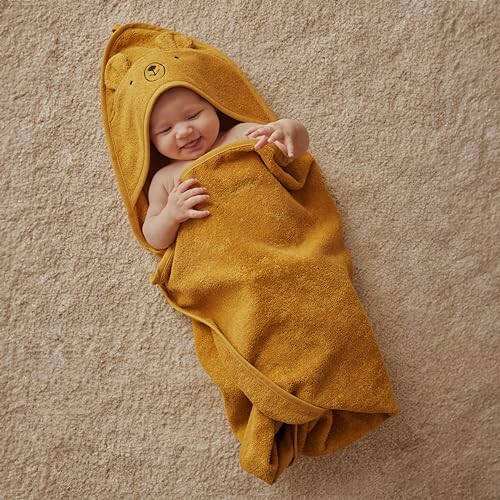 Huxie Denmark - Premium Organic Cotton Baby Bath Towel – Hooded Toddler and Baby Towels for Newborn Girl and Boy – Super Soft and Absorbent, 32 x 32 (Bear - Autumn Yellow) - 36