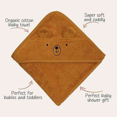 Huxie Denmark - Premium Organic Cotton Baby Bath Towel – Hooded Toddler and Baby Towels for Newborn Girl and Boy – Super Soft and Absorbent, 32 x 32 (Bear - Autumn Yellow) - 5