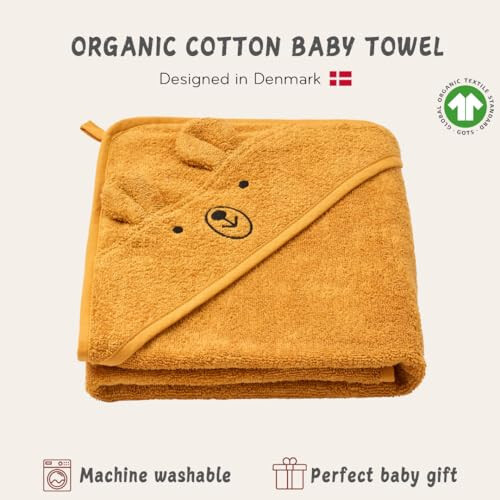 Huxie Denmark - Premium Organic Cotton Baby Bath Towel – Hooded Toddler and Baby Towels for Newborn Girl and Boy – Super Soft and Absorbent, 32 x 32 (Bear - Autumn Yellow) - 6