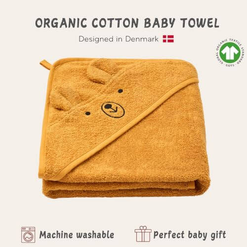 Huxie Denmark - Premium Organic Cotton Baby Bath Towel – Hooded Toddler and Baby Towels for Newborn Girl and Boy – Super Soft and Absorbent, 32 x 32 (Bear - Autumn Yellow) - 6