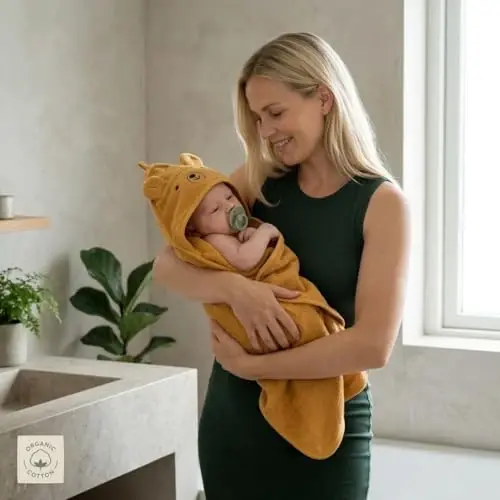 Huxie Denmark - Premium Organic Cotton Baby Bath Towel – Hooded Toddler and Baby Towels for Newborn Girl and Boy – Super Soft and Absorbent, 32 x 32 (Bear - Autumn Yellow) - 3