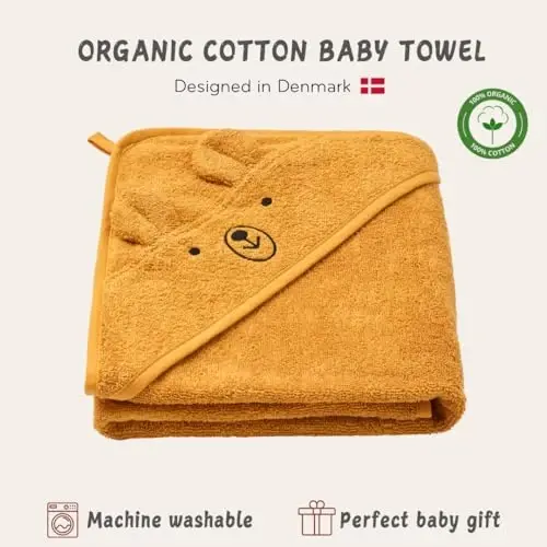 Huxie Denmark - Premium Organic Cotton Baby Bath Towel – Hooded Toddler and Baby Towels for Newborn Girl and Boy – Super Soft and Absorbent, 32 x 32 (Bear - Autumn Yellow) - 5