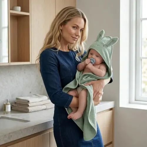 Huxie Hooded Baby Towels – 100% Organic Cotton Baby Bath Towels – Baby Boy and Girl Newborn Essentials - Super-Soft and Absorbent. (2-Pack Fog Bear and Roman Green Rabbit) - HUXIE (1)
