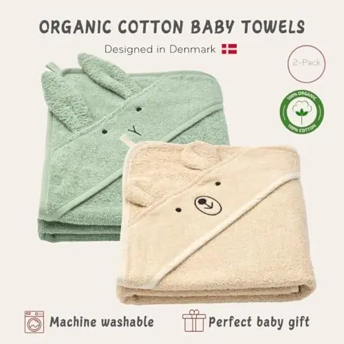 Huxie Hooded Baby Towels – 100% Organic Cotton Baby Bath Towels – Baby Boy and Girl Newborn Essentials - Super-Soft and Absorbent. (2-Pack Fog Bear and Roman Green Rabbit) - 3
