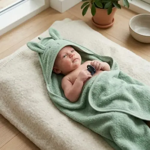 Huxie Hooded Baby Towels – 100% Organic Cotton Baby Bath Towels – Baby Boy and Girl Newborn Essentials - Super-Soft and Absorbent. (2-Pack Fog Bear and Roman Green Rabbit) - 6