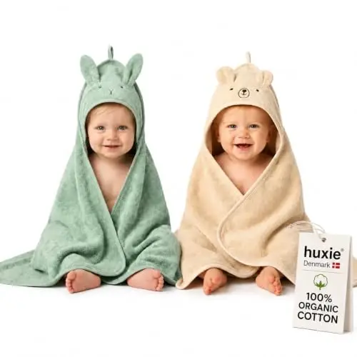 Huxie Hooded Baby Towels – 100% Organic Cotton Baby Bath Towels – Baby Boy and Girl Newborn Essentials - Super-Soft and Absorbent. (2-Pack Fog Bear and Roman Green Rabbit) 