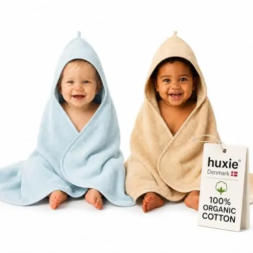 Huxie Hooded Baby Towels – 100% Organic Cotton Baby Bath Towels – Baby Boy Newborn Essentials - Super-Soft and Absorbent.(2-Pack Fog and Baby Blue) 