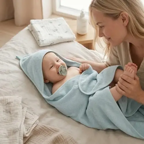 Huxie Hooded Baby Towels – 100% Organic Cotton Baby Bath Towels – Baby Boy Newborn Essentials - Super-Soft and Absorbent.(2-Pack Fog and Baby Blue) - 5