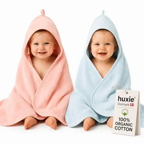 Huxie Hooded Baby Towels – 100% Organic Cotton Baby Bath Towels – Baby Boy and Girl Newborn Essentials - Super-Soft and Absorbent. (2-Pack Blush and Baby Blue) 