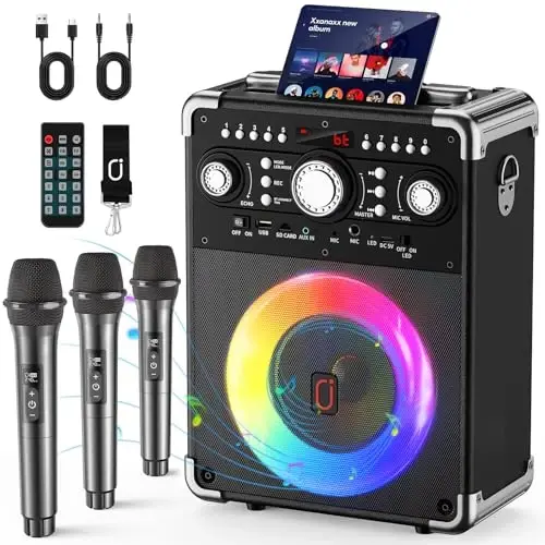 HWWR Karaoke Machine, Portable Bluetooth 5.3 Speaker with 3 Wireless Microphones for Adults, PA System with Echo Adjustment, Support TWS/TF Card/USB/AUX/TVs Connected for Home Party/Outdoor/Events etc - 1