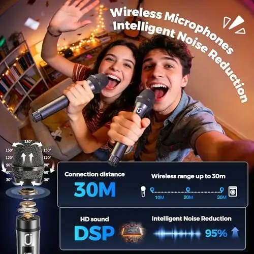 HWWR Karaoke Machine, Portable Bluetooth 5.3 Speaker with 3 Wireless Microphones for Adults, PA System with Echo Adjustment, Support TWS/TF Card/USB/AUX/TVs Connected for Home Party/Outdoor/Events etc - 3