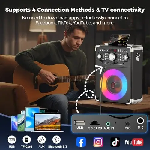 HWWR Karaoke Machine, Portable Bluetooth 5.3 Speaker with 3 Wireless Microphones for Adults, PA System with Echo Adjustment, Support TWS/TF Card/USB/AUX/TVs Connected for Home Party/Outdoor/Events etc - 4