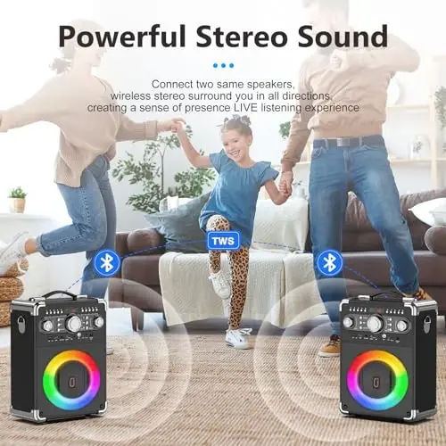 HWWR Karaoke Machine with 3 Wireless Microphones for Adults, Portable Bluetooth Party Speaker with Echo Adjustment, Singing Machine Support TWS/USB/TF Card/Guitar/TV Connected for Outdoor/Events etc - 5
