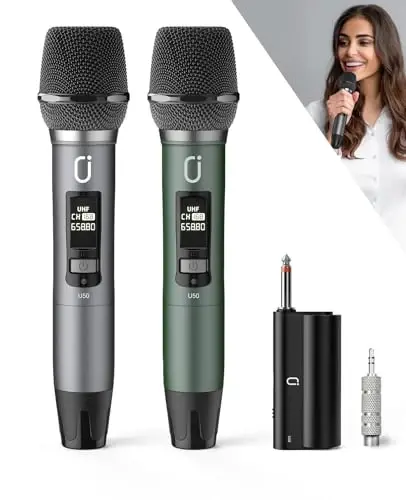 HWWR Wireless Microphones, Professional UHF Dual Microphones for Karaoke, Wireless Dynamic Microphone System Set with Rechargeable Receiver,Plug and Play, Speech, Wedding, Church, PA System - 1