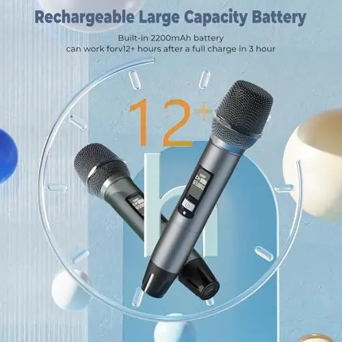 HWWR Wireless Microphones, Professional UHF Dual Microphones for Karaoke, Wireless Dynamic Microphone System Set with Rechargeable Receiver,Plug and Play, Speech, Wedding, Church, PA System - 2
