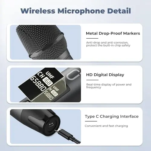 HWWR Wireless Microphones, Professional UHF Dual Microphones for Karaoke, Wireless Dynamic Microphone System Set with Rechargeable Receiver,Plug and Play, Speech, Wedding, Church, PA System - 4