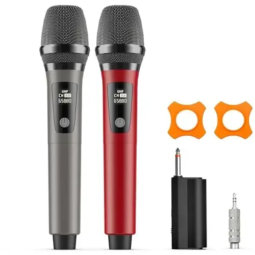 HWWR Wireless Microphones, Professional Dual Karaoke Microphones, Wireless Dynamic Microphone System Set with Rechargeable Receiver for Home Party, Speech, Wedding, Church, PA System - HWWR