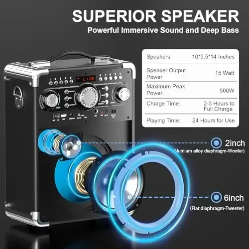 HWWR Karaoke Machine with 2 Wireless Microphones for Adults, Portable Bluetooth Party Speaker with Echo Adjustment, Singing Machine Support TWS/USB/TF Card/Guitar/TV Connected for Outdoor/Events etc - 2