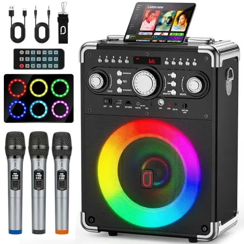 HWWR Karaoke Machine with 3 Microphones for Adults and Kids,Portable Party Karaoke Speaker with DJ Lights, Bluetooth Speaker for Home Party, Gatherings,Monitor-Speaker-and-subwoofer-Parts 