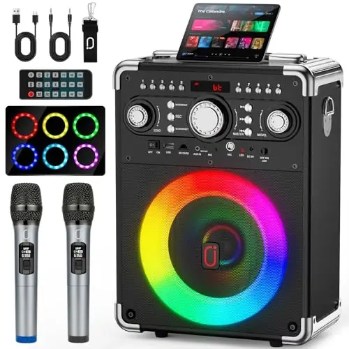 HWWR Karaoke Machine with 2 Wireless Microphones for Adults, Portable Bluetooth Party Speaker with Echo Adjustment, Singing Machine Support TWS/USB/TF Card/Guitar/TV Connected for Outdoor/Events etc - 1
