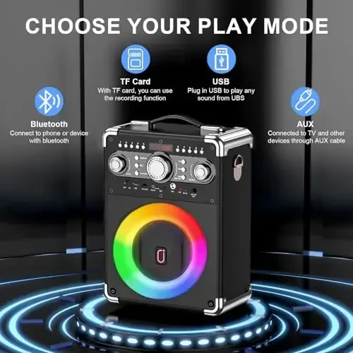 HWWR Karaoke Machine with 2 Wireless Microphones for Adults, Portable Bluetooth Party Speaker with Echo Adjustment, Singing Machine Support TWS/USB/TF Card/Guitar/TV Connected for Outdoor/Events etc - 7