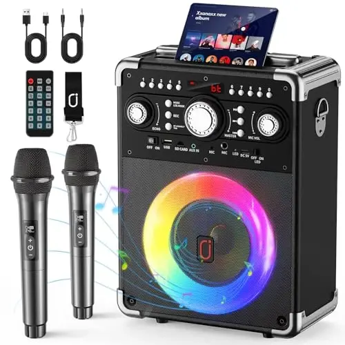 HWWR Karaoke Machine with 2 Wireless Microphones for Adults, Portable Bluetooth Party Speaker with Echo Adjustment, Singing Machine Support TWS/USB/TF Card/Guitar/TV Connected for Outdoor/Events etc 