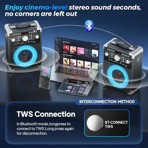 HWWR Karaoke Machine with 2 Wireless Microphones for Adults, Portable Bluetooth Party Speaker with Echo Adjustment, Singing Machine Support TWS/USB/TF Card/Guitar/TV Connected for Outdoor/Events etc - 5