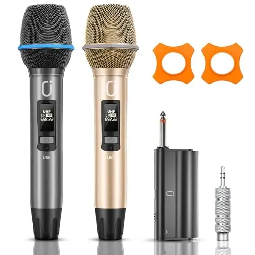 HWWR Wireless Microphones for Karaoke: Dual Professional Karaoke Microphone for Singing, Rechargeable Dynamic UHF Mic System with Receiver for Church, Party, Meeting, Speech, PA System, Plug and Play - HWWR