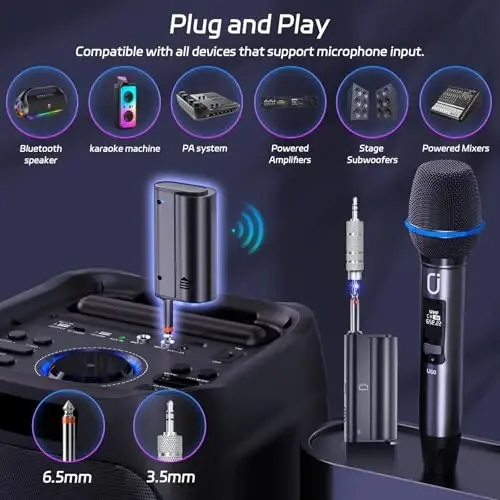 HWWR Wireless Microphones for Karaoke: Dual Professional Karaoke Microphone for Singing, Rechargeable Dynamic UHF Mic System with Receiver for Church, Party, Meeting, Speech, PA System, Plug and Play - 5