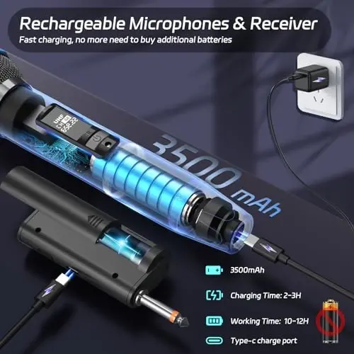 HWWR Wireless Microphones for Karaoke: Dual Professional Karaoke Microphone for Singing, Rechargeable Dynamic UHF Mic System with Receiver for Church, Party, Meeting, Speech, PA System, Plug and Play - 4