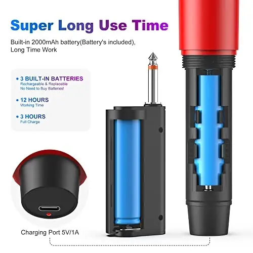 HWWR Wireless Microphones, Professional Dual Karaoke Microphones, Wireless Dynamic Microphone System Set with Rechargeable Receiver for Home Party, Speech, Wedding, Church, PA System - 3